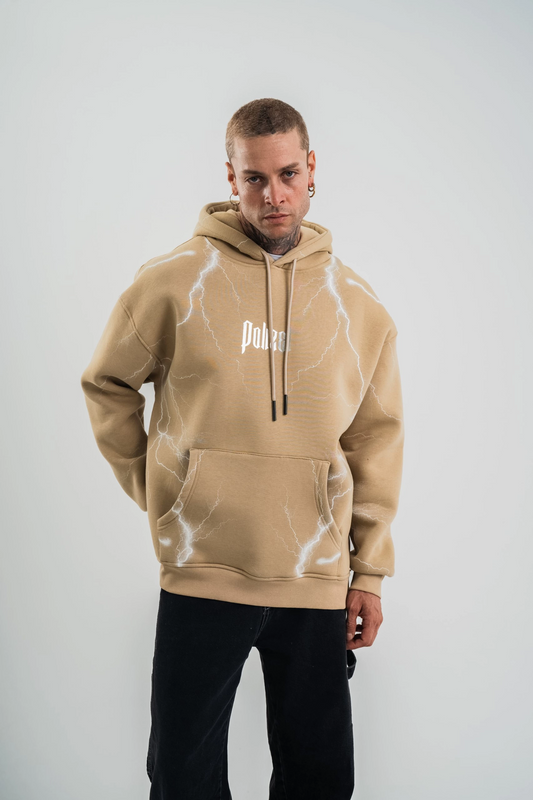 ASSEMA Erkek Şimşek Baskılı Kapşonlu Sweatshirt Üç İplik Pamuklu Kanguru Cepli Double - Bej