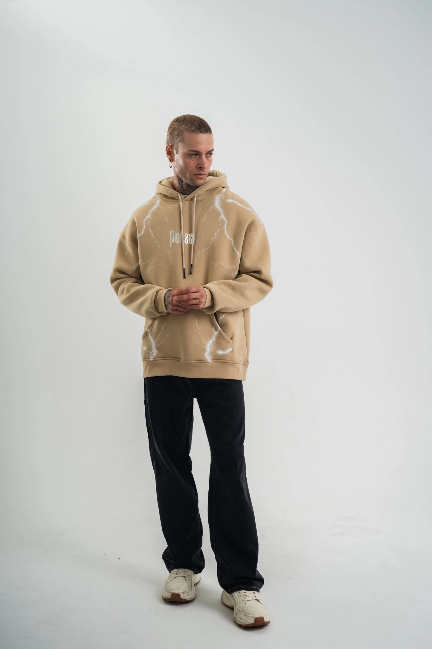 ASSEMA Erkek Şimşek Baskılı Kapşonlu Sweatshirt Üç İplik Pamuklu Kanguru Cepli Double - Bej