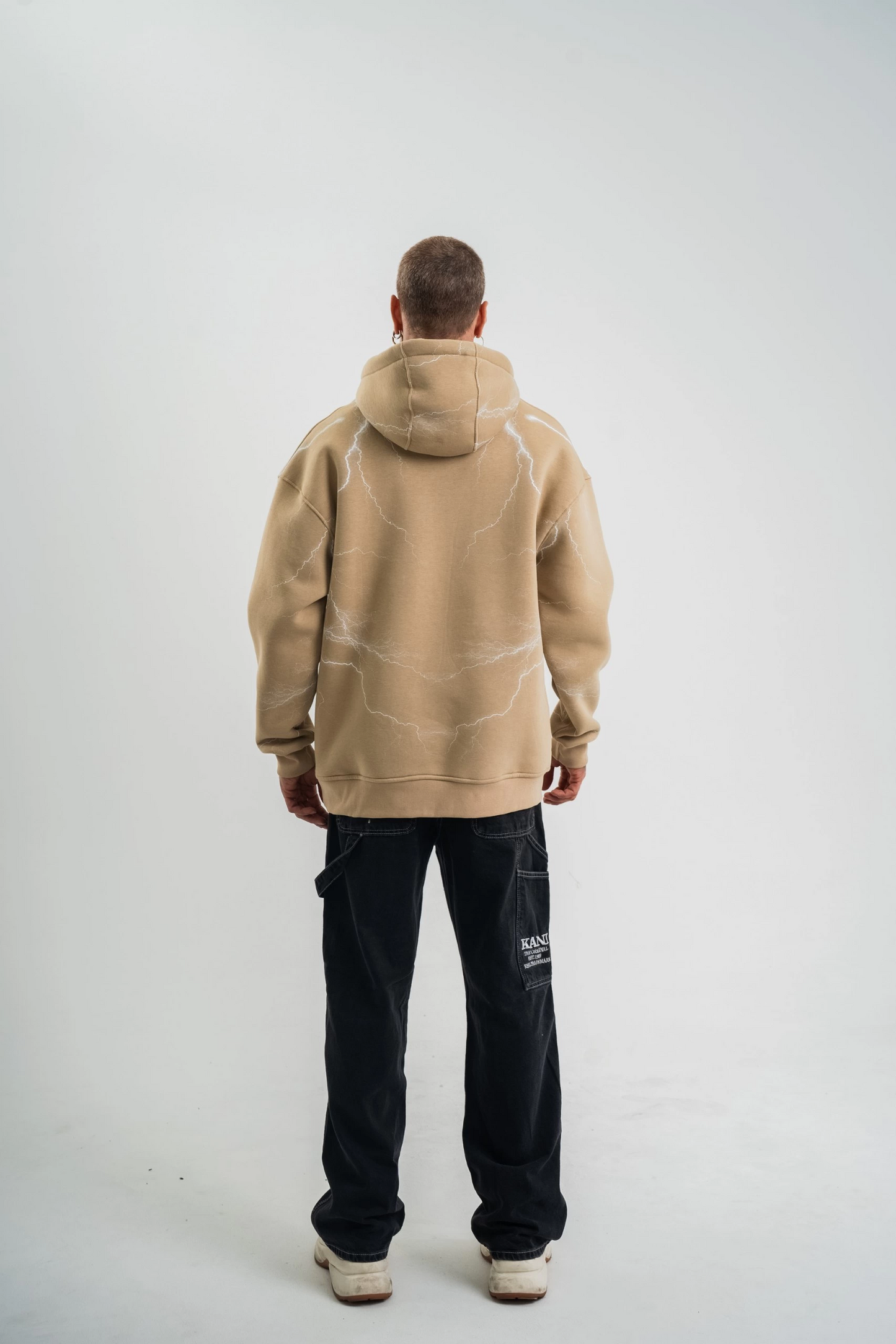 ASSEMA Erkek Şimşek Baskılı Kapşonlu Sweatshirt Üç İplik Pamuklu Kanguru Cepli Double - Bej