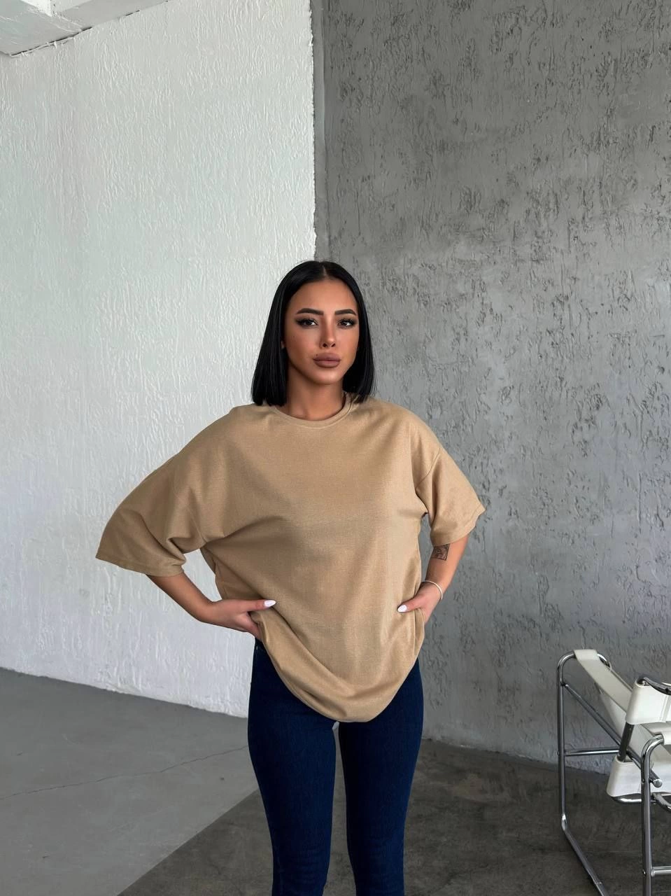 ASSEMA Kadın Düz T-Shirt Kısa Kol Bisiklet Yaka Ovarsize Rahat Kalıp Günlük Tişört - Bej