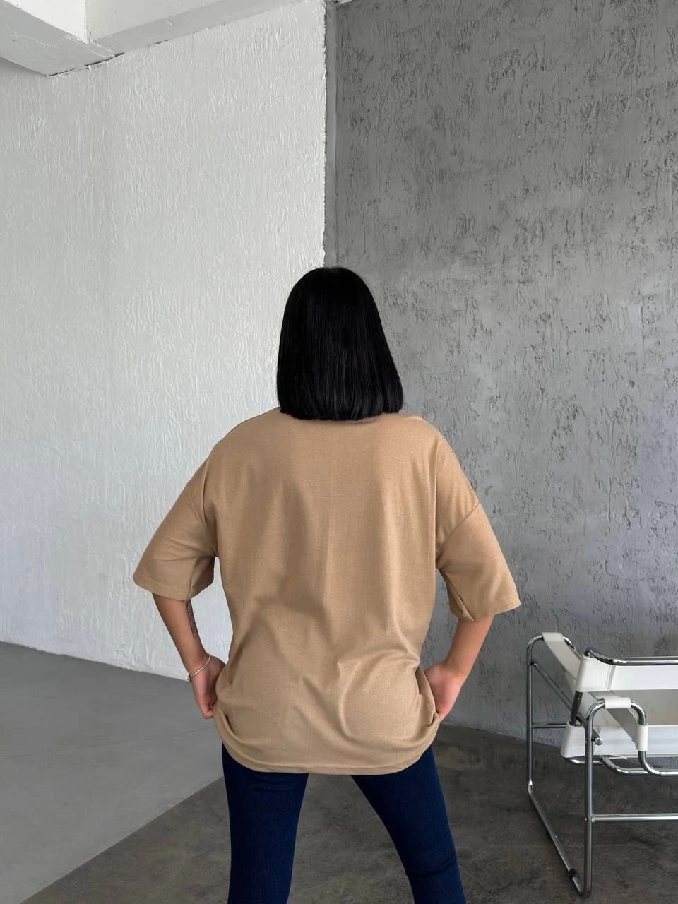 ASSEMA Kadın Düz T-Shirt Kısa Kol Bisiklet Yaka Ovarsize Rahat Kalıp Günlük Tişört - Bej