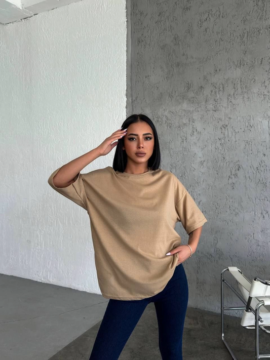 ASSEMA Kadın Düz T-Shirt Kısa Kol Bisiklet Yaka Ovarsize Rahat Kalıp Günlük Tişört - Bej