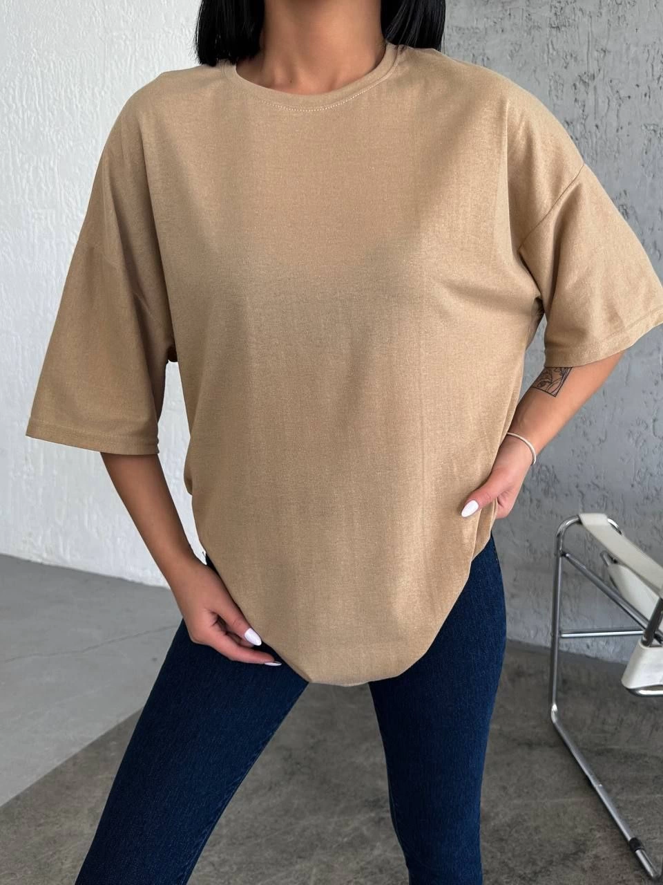 ASSEMA Kadın Düz T-Shirt Kısa Kol Bisiklet Yaka Ovarsize Rahat Kalıp Günlük Tişört - Bej