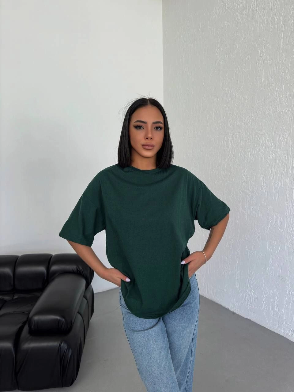 ASSEMA Kadın Düz T-Shirt Kısa Kol Bisiklet Yaka  Ovarsize Rahat Kalıp Günlük Tişört  - Haki