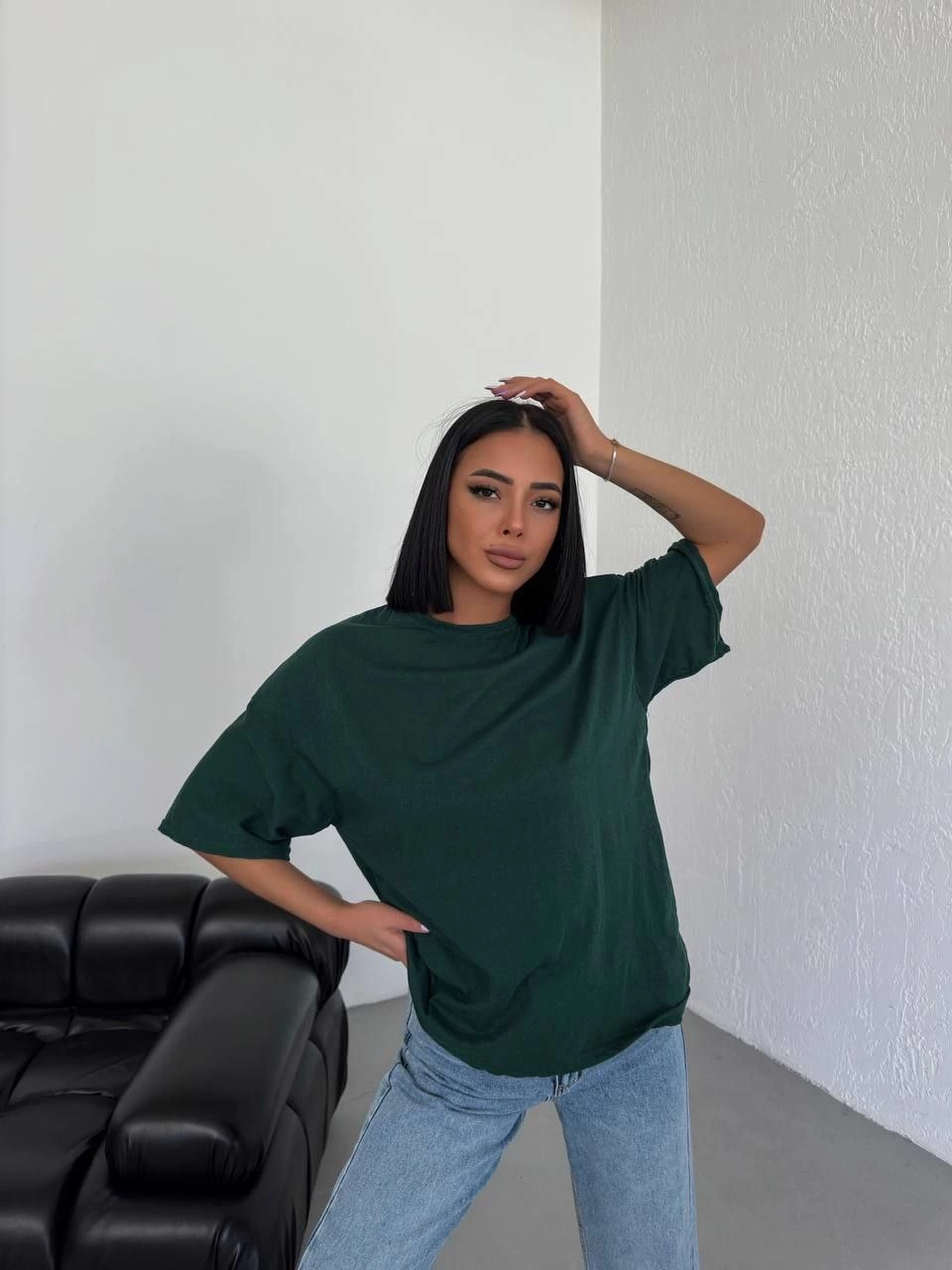 ASSEMA Kadın Düz T-Shirt Kısa Kol Bisiklet Yaka  Ovarsize Rahat Kalıp Günlük Tişört  - Haki