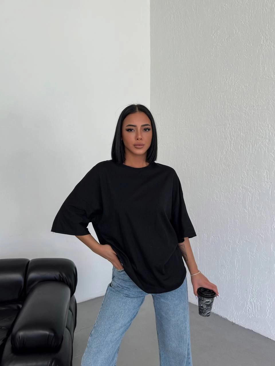 ASSEMA Kadın Düz T-Shirt Kısa Kol Bisiklet Yaka Ovarsize Rahat Kalıp Günlük Tişört - Siyah