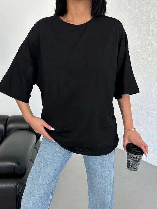 ASSEMA Kadın Düz T-Shirt Kısa Kol Bisiklet Yaka Ovarsize Rahat Kalıp Günlük Tişört - Siyah