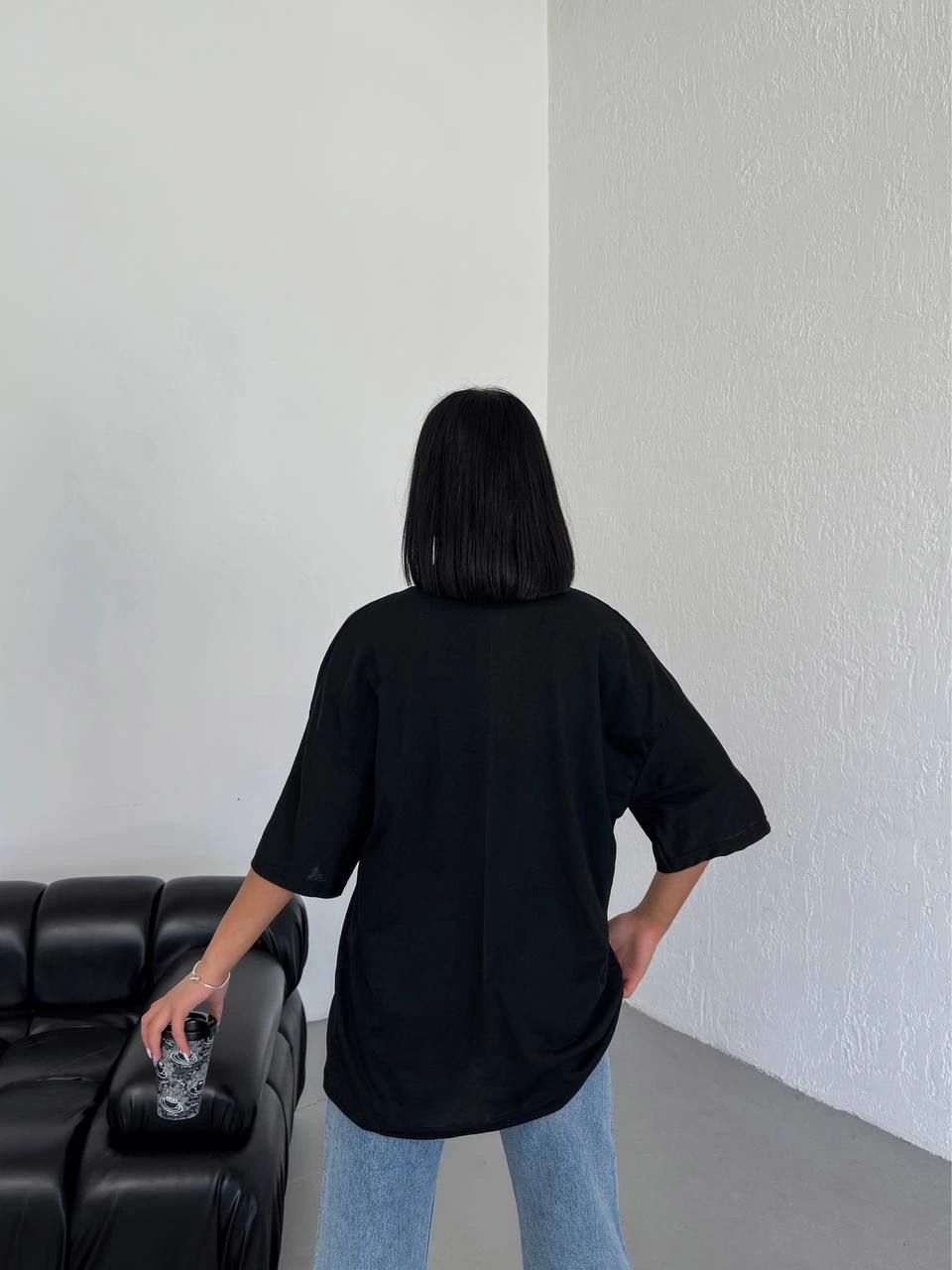 ASSEMA Kadın Düz T-Shirt Kısa Kol Bisiklet Yaka Ovarsize Rahat Kalıp Günlük Tişört - Siyah