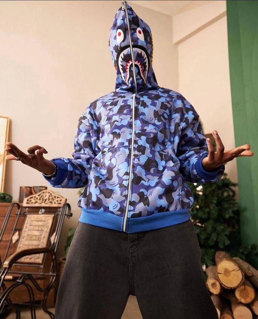 ASSEMA Unisex 2 İplik Bape Kapüşonu Fermuarlı Hırka - Mavi