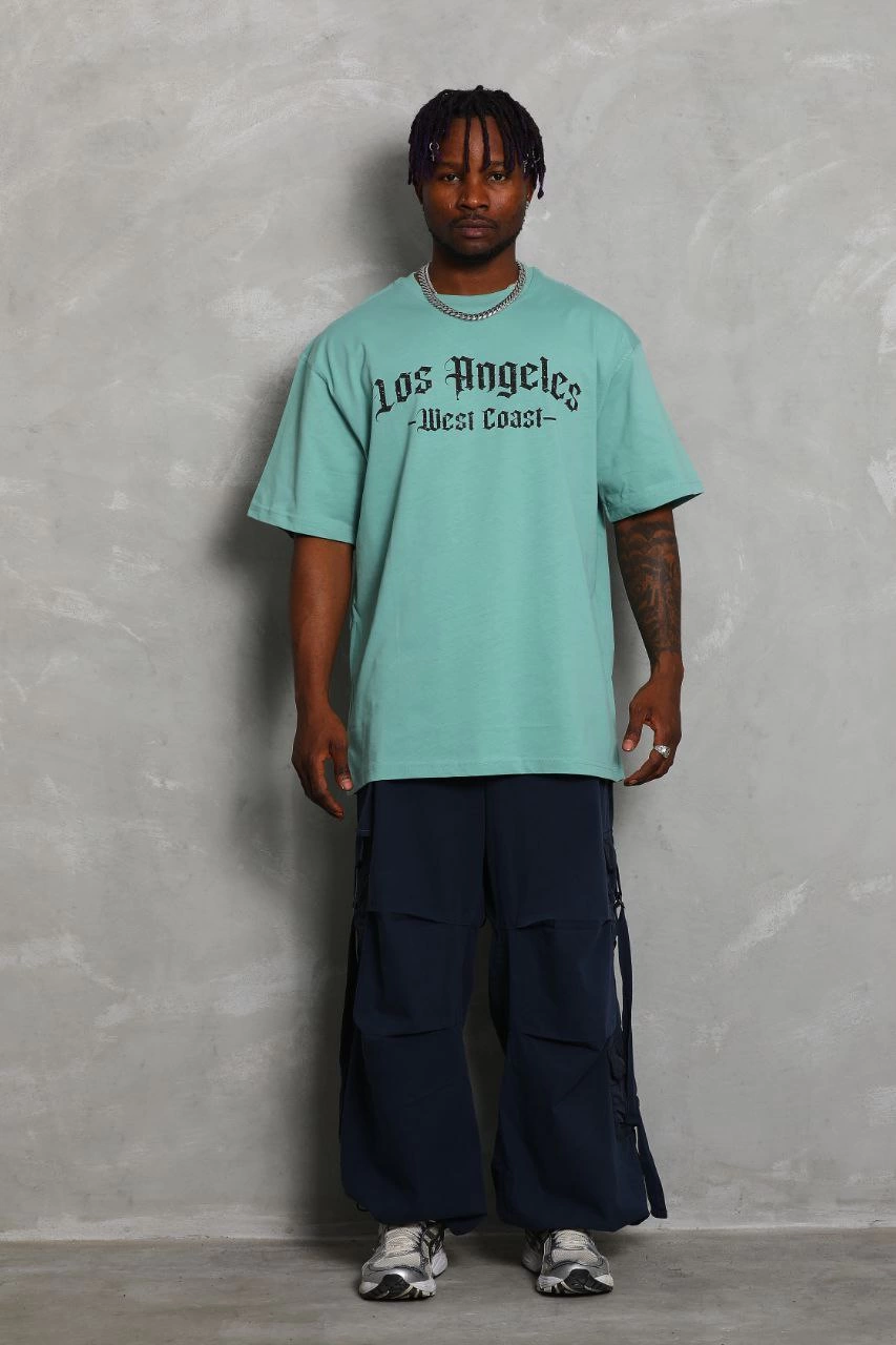 ASSEMA Unisex Oversize Baskılı Bisiklet Yaka T-Shirt - Mint Yeşili