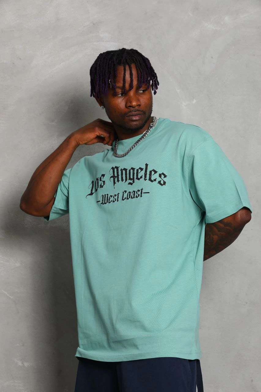 ASSEMA Unisex Oversize Baskılı Bisiklet Yaka T-Shirt - Mint Yeşili