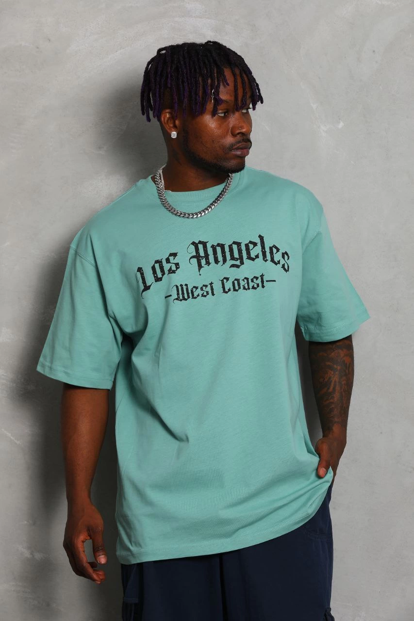 ASSEMA Unisex Oversize Baskılı Bisiklet Yaka T-Shirt - Mint Yeşili