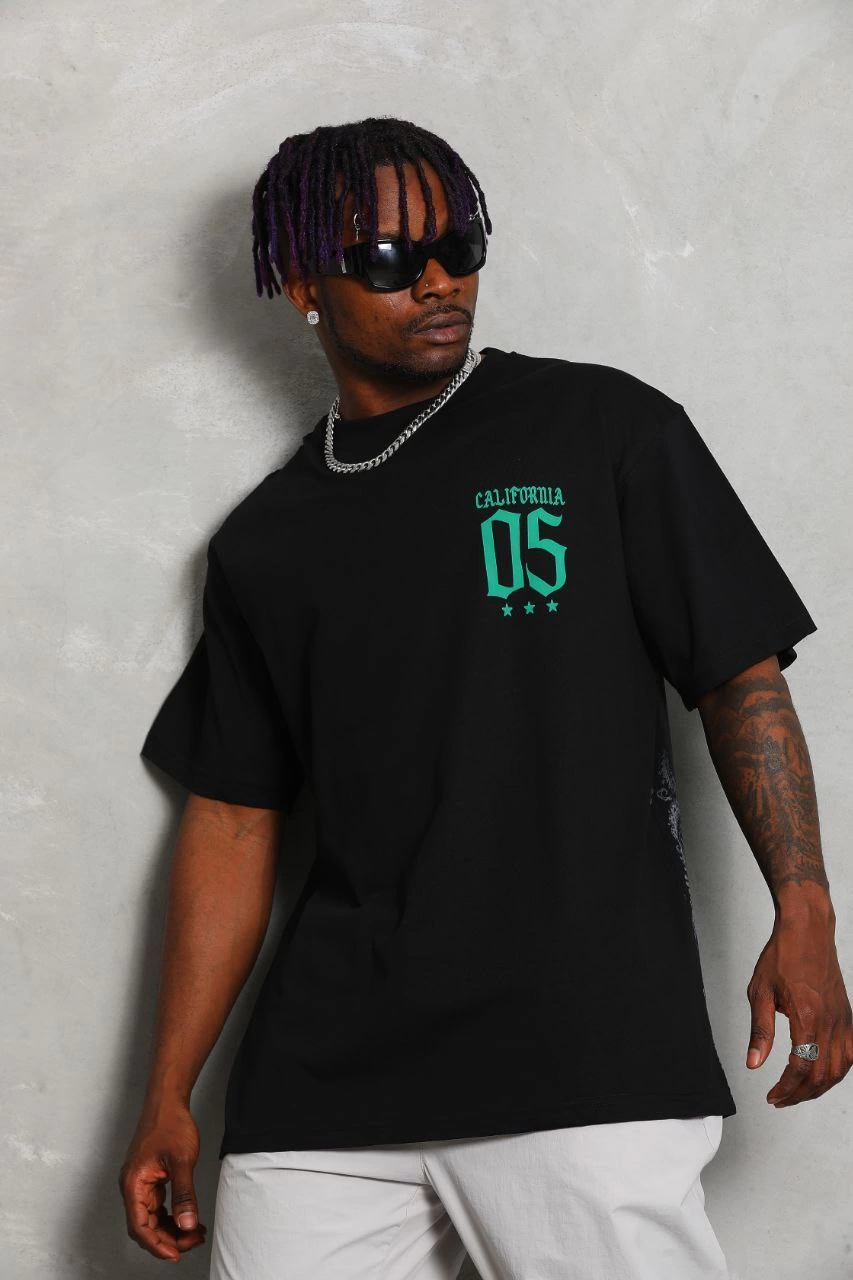 ASSEMA Unisex Oversize Baskılı Bisiklet Yaka T-Shirt - Siyah