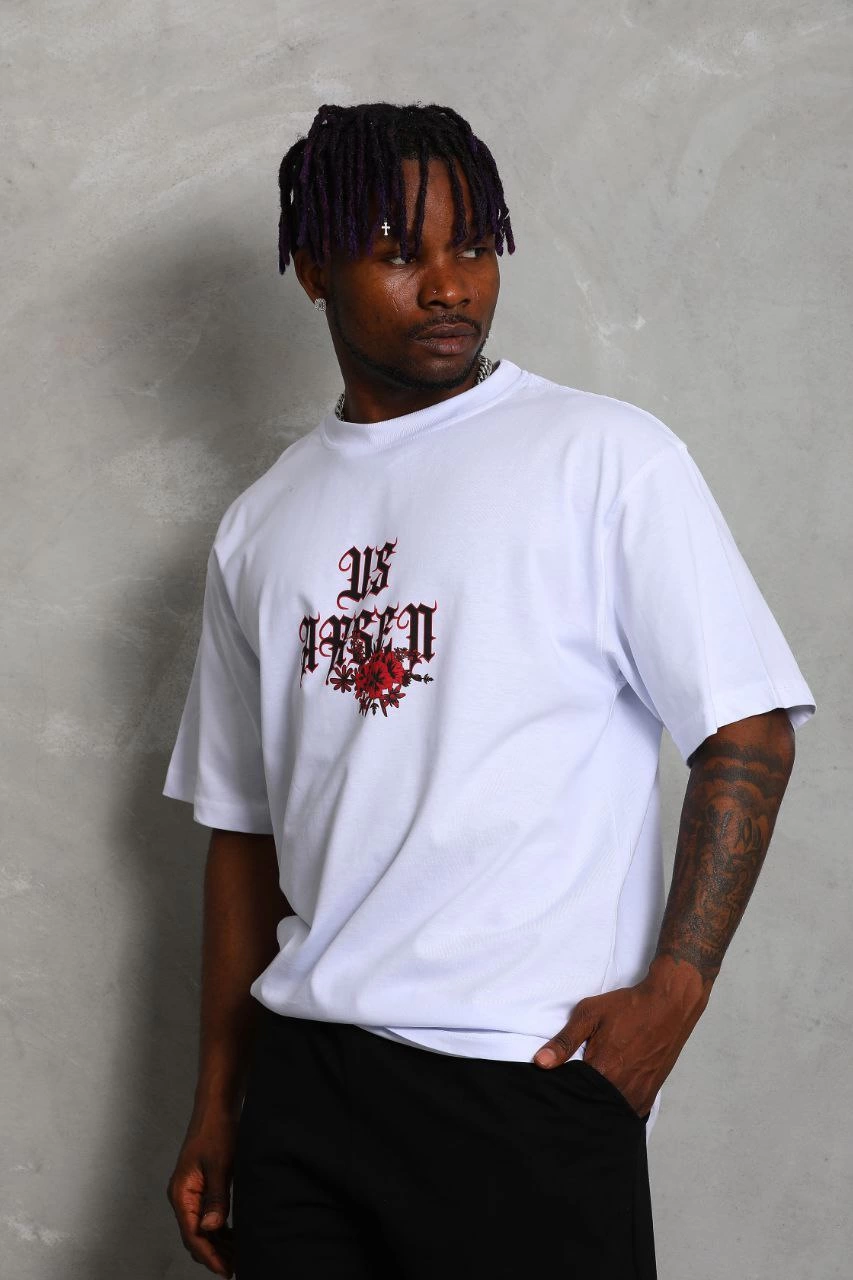ASSEMA Erkek Oversize Baskılı Bisiklet Yaka  Kısa kol T-Shirt - Beyaz