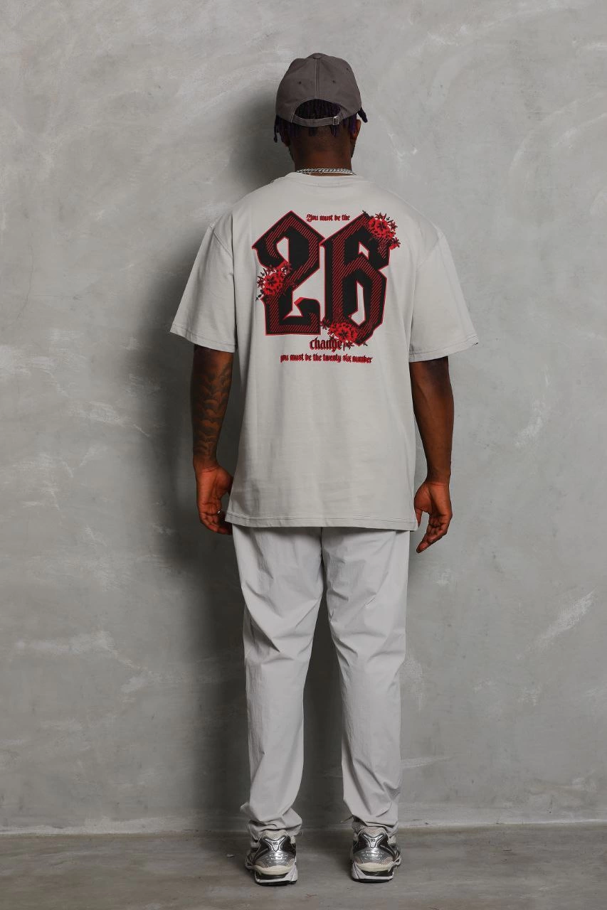 ASSEMA ERKEK Oversize Baskılı Bisiklet Yaka T-Shirt - Gri