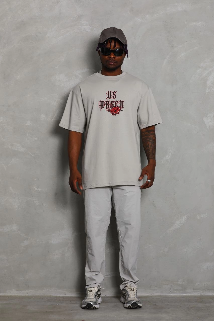 ASSEMA ERKEK Oversize Baskılı Bisiklet Yaka T-Shirt - Gri
