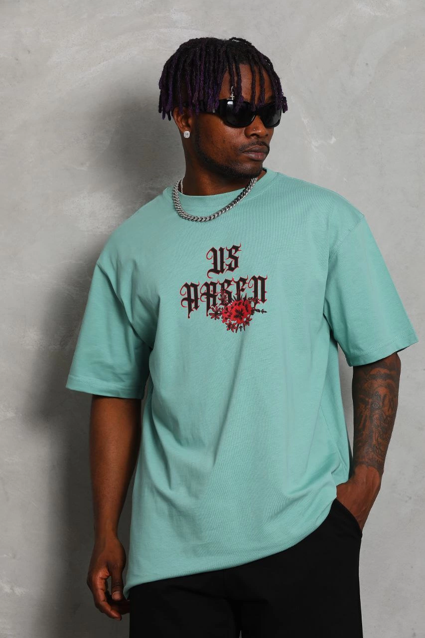 ASSEMA Unisex Oversize Baskılı Bisiklet Yaka T-Shirt - Mint Yeşili