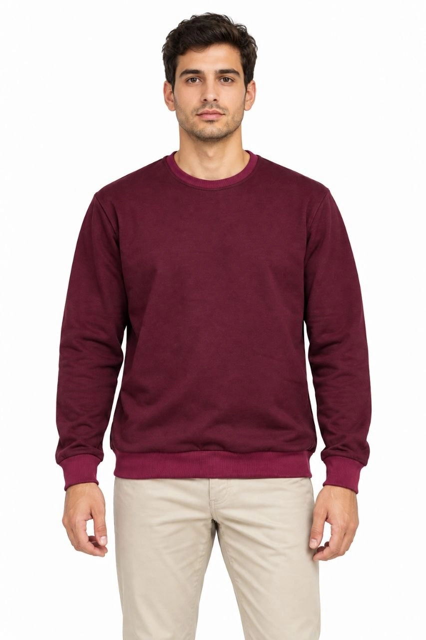 Erkek 2'Li Bisiklet Yaka İçi Şardonlu 2 İplik Düz Uzun Kollu Regular Fit Sweatshirt -Bordo & Kahverengi