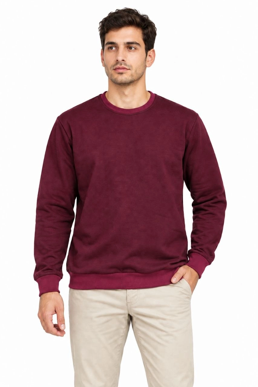 Erkek 2'Li Bisiklet Yaka İçi Şardonlu 2 İplik Düz Uzun Kollu Regular Fit Sweatshirt -Bordo & Kahverengi
