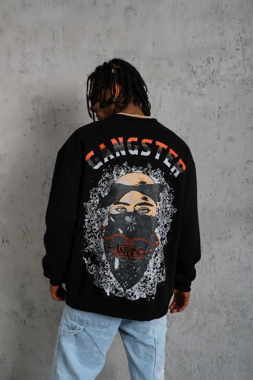 ASSEMA Erkek 3 İplik Gangster Baskılı Sweatshirt - Siyah