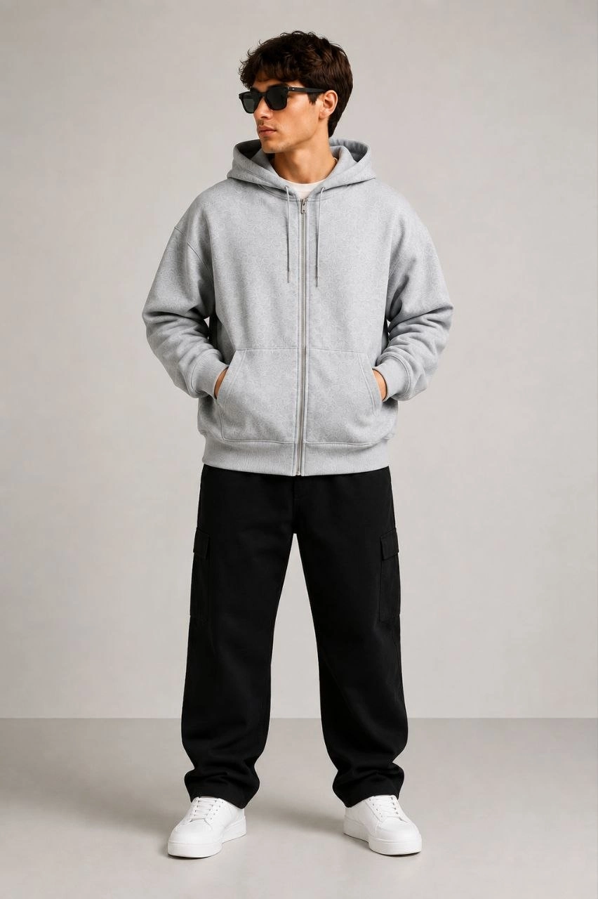 Erkek 3 İplik Şardonlu Tam Fermuarlı Kapüşonlu Arka Çanta Detaylı Sweatshirt - Gri