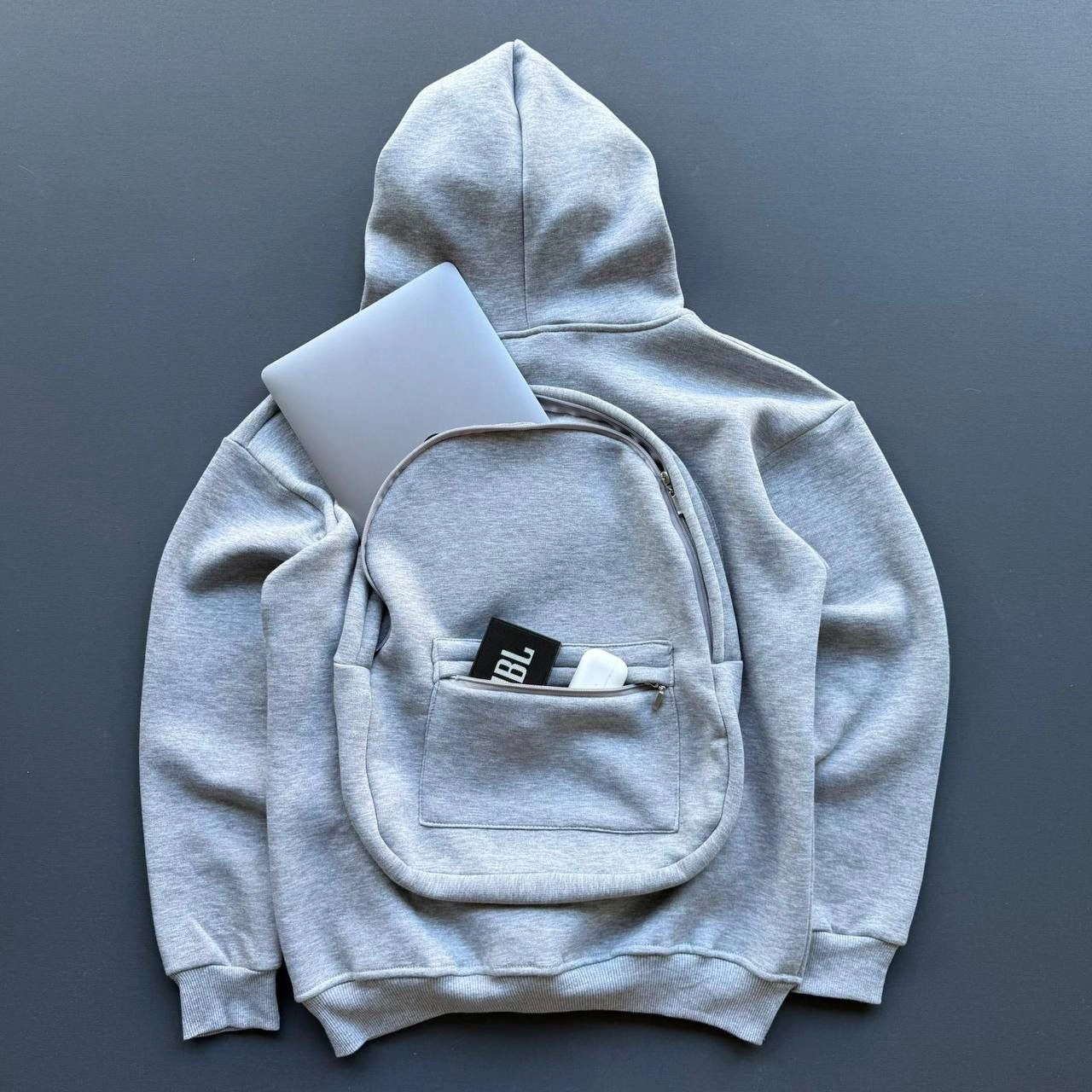 Erkek 3 İplik Şardonlu Tam Fermuarlı Kapüşonlu Arka Çanta Detaylı Sweatshirt - Gri