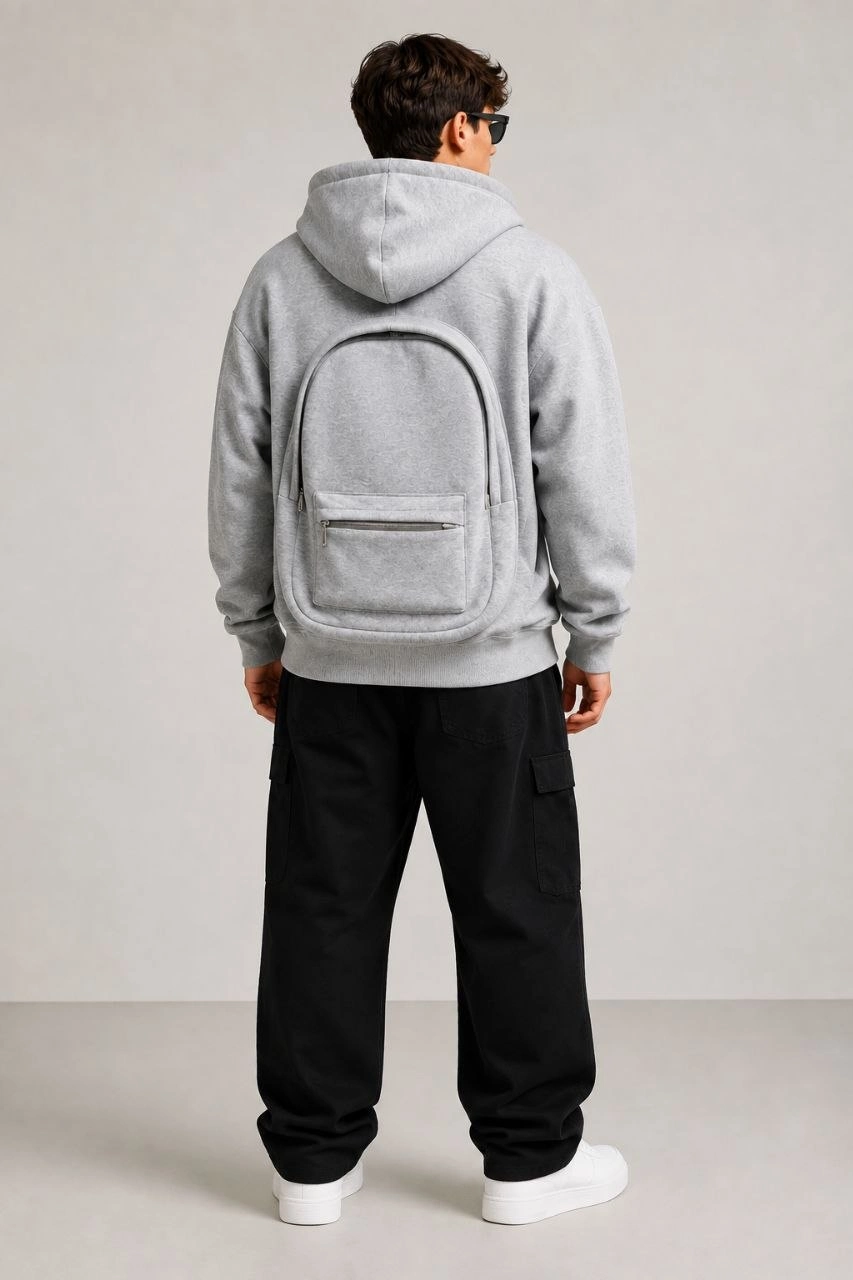 Erkek 3 İplik Şardonlu Tam Fermuarlı Kapüşonlu Arka Çanta Detaylı Sweatshirt - Gri