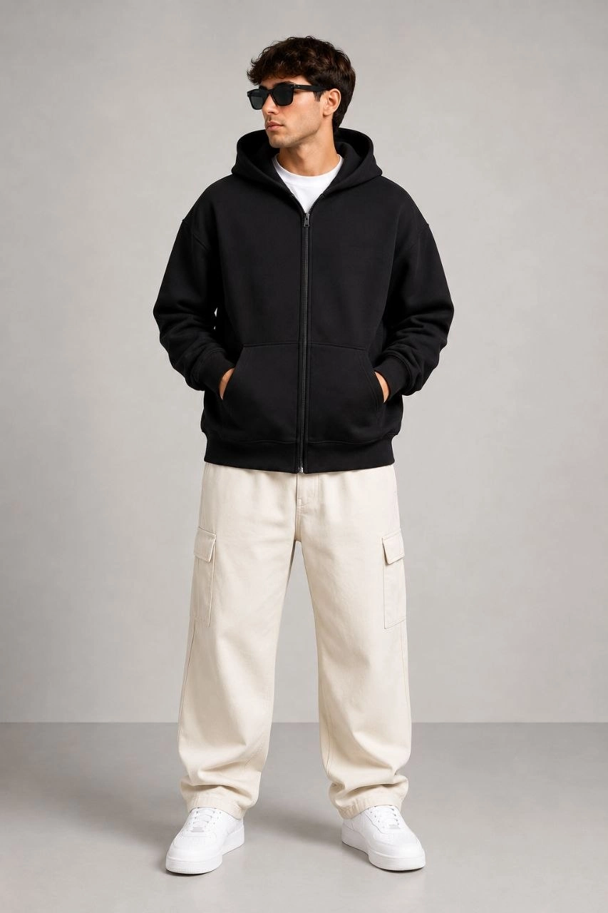 Erkek 3 İplik Şardonlu Tam Fermuarlı Kapüşonlu Arka Çanta Detaylı Sweatshirt - Siyah