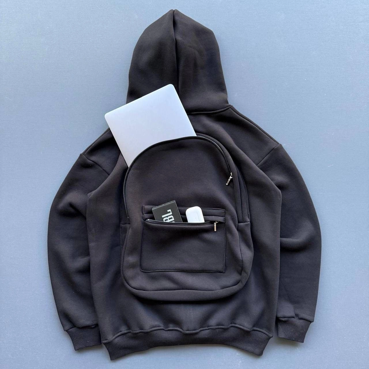 Erkek 3 İplik Şardonlu Tam Fermuarlı Kapüşonlu Arka Çanta Detaylı Sweatshirt - Siyah