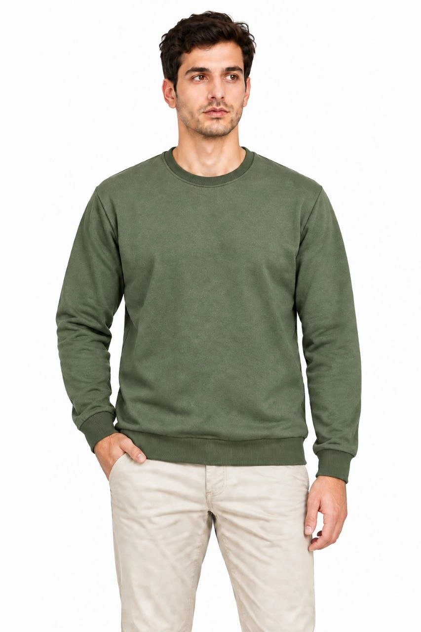 Erkek 3'Lü Bisiklet Yaka İçi Şardonlu 2 İplik Düz Uzun Kollu Regular Fit Sweatshirt - Haki - Kahverengi - Mavi