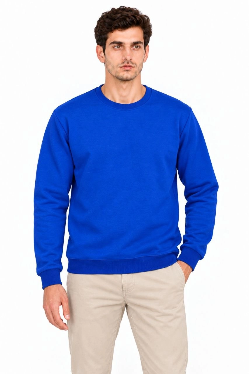 Erkek 3'Lü Bisiklet Yaka İçi Şardonlu 2 İplik Düz Uzun Kollu Regular Fit Sweatshirt -Mavi - Gri - Siyah