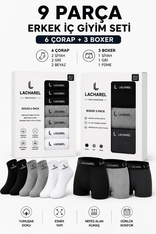 Erkek 9'Lu İç Giyim Seti Pamuklu 3 Boxer 6 Çorap Çoklu Paket - Siyah - Füme - Gri - Beyaz
