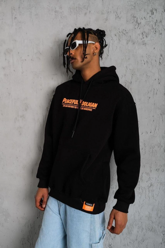 ASSEMA Erkek Armalı Baskılı Kapüşonlu  üç iplik pamuklu Sweatshirt - Siyah