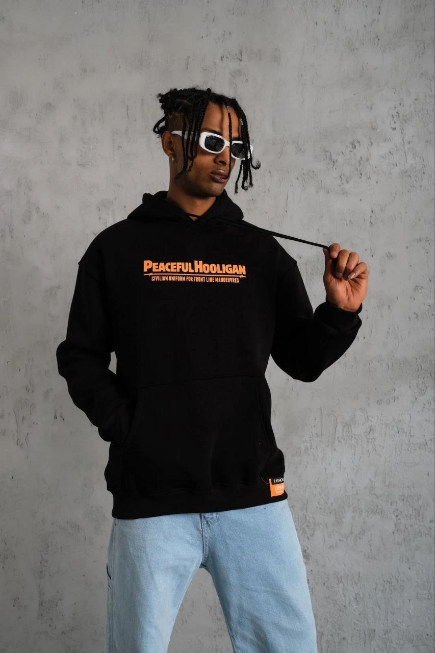ASSEMA Erkek Armalı Baskılı Kapüşonlu  üç iplik pamuklu Sweatshirt - Siyah