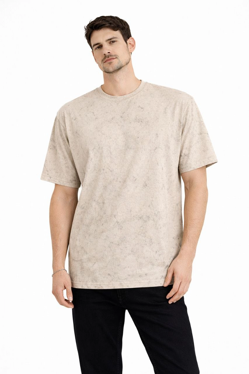 ASSEMA Erkek Asit Yıkama Bisiklet Yaka Kısa Kollu Oversize T-Shirt Tişört - Bej