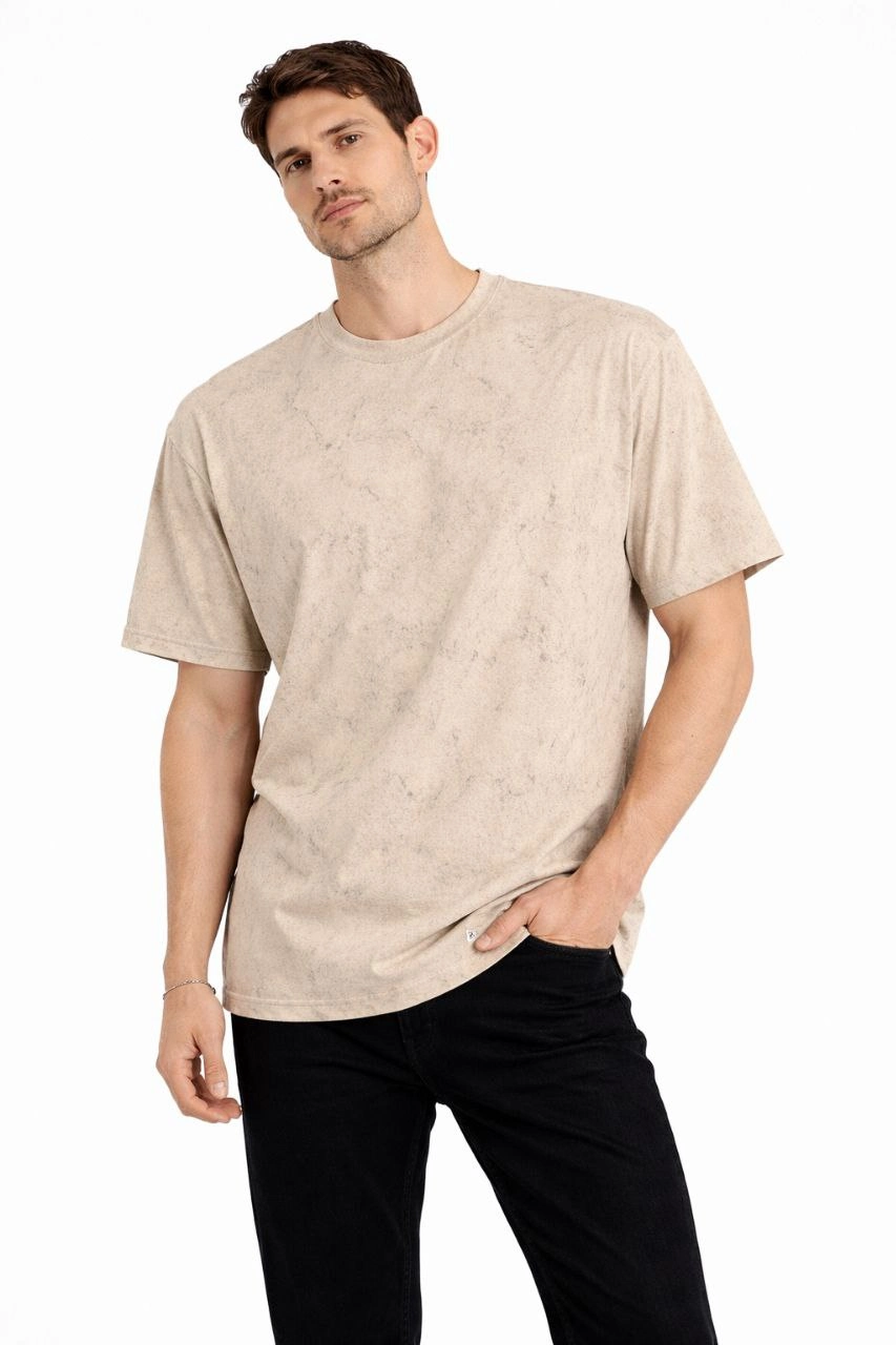 ASSEMA Erkek Asit Yıkama Bisiklet Yaka Kısa Kollu Oversize T-Shirt Tişört - Bej