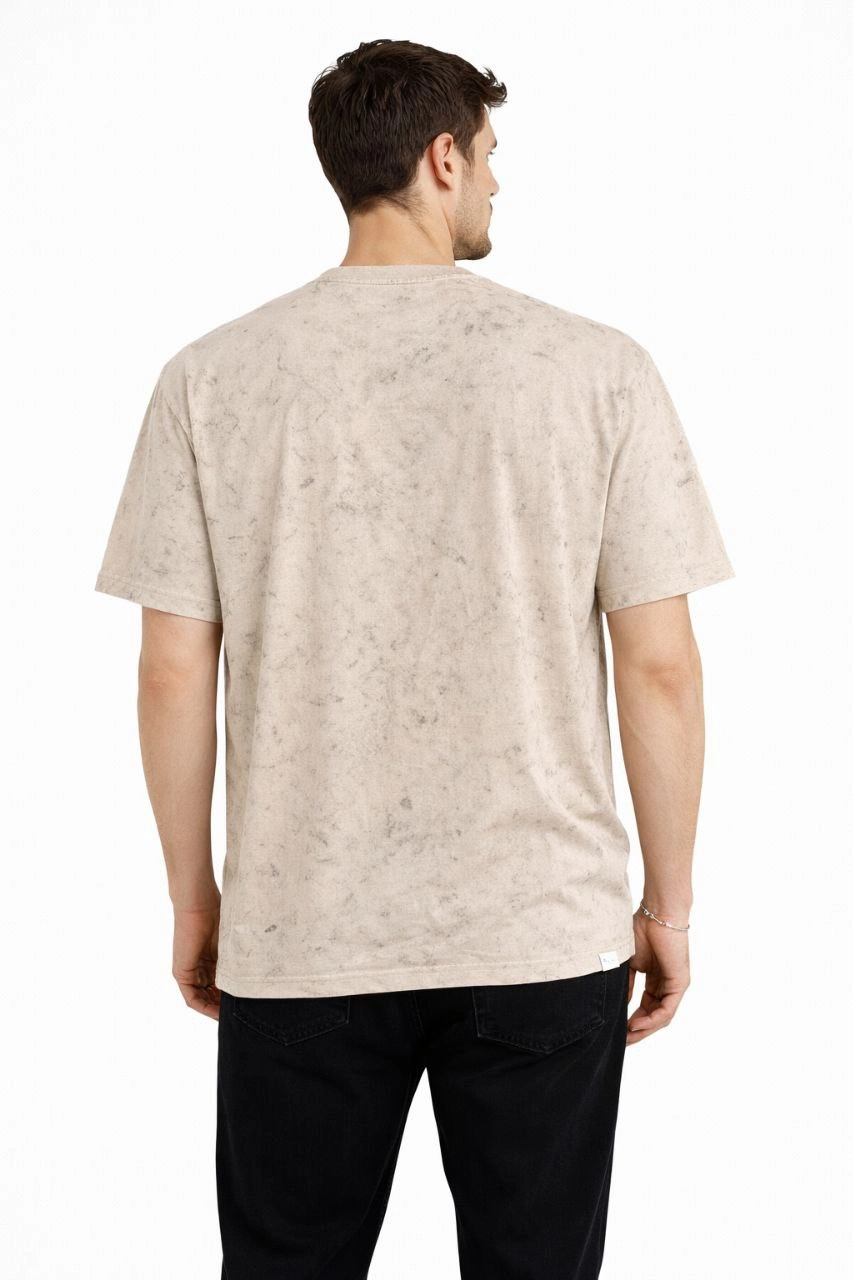 ASSEMA Erkek Asit Yıkama Bisiklet Yaka Kısa Kollu Oversize T-Shirt Tişört - Bej