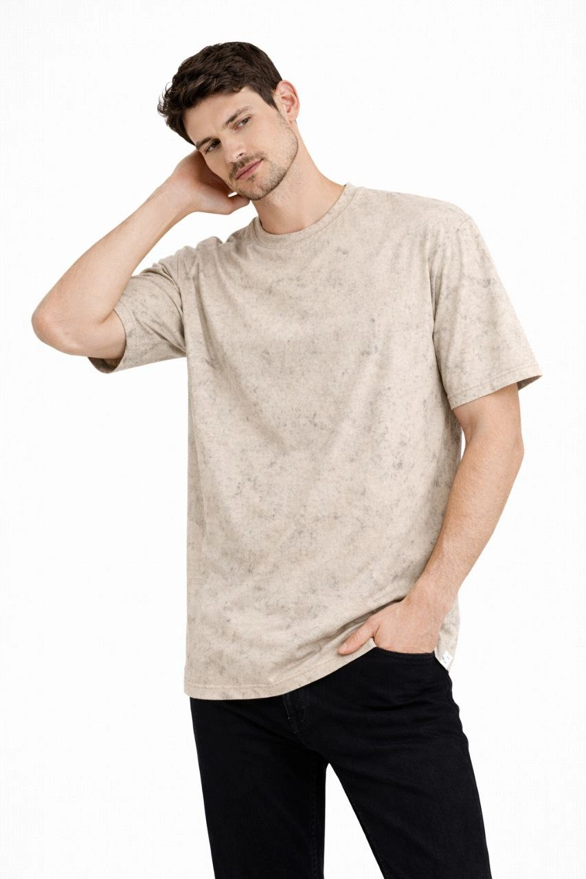 ASSEMA Erkek Asit Yıkama Bisiklet Yaka Kısa Kollu Oversize T-Shirt Tişört - Bej