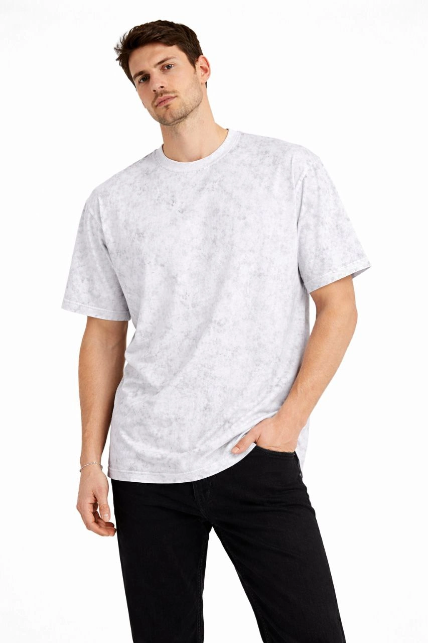 ASSEMA Erkek Asit Yıkama Bisiklet Yaka Kısa Kollu Oversize T-Shirt Tişört - Beyaz