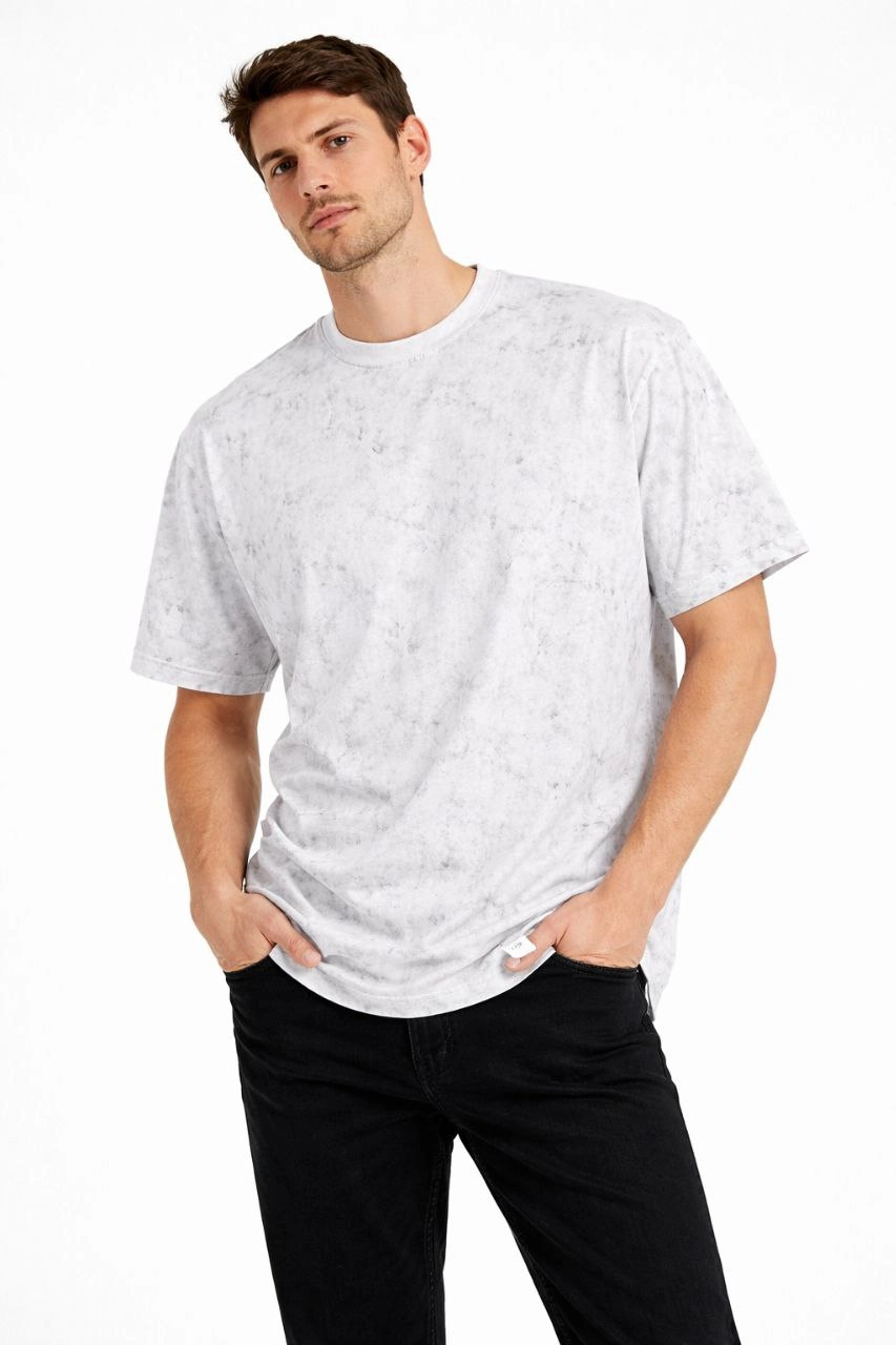 ASSEMA Erkek Asit Yıkama Bisiklet Yaka Kısa Kollu Oversize T-Shirt Tişört - Beyaz