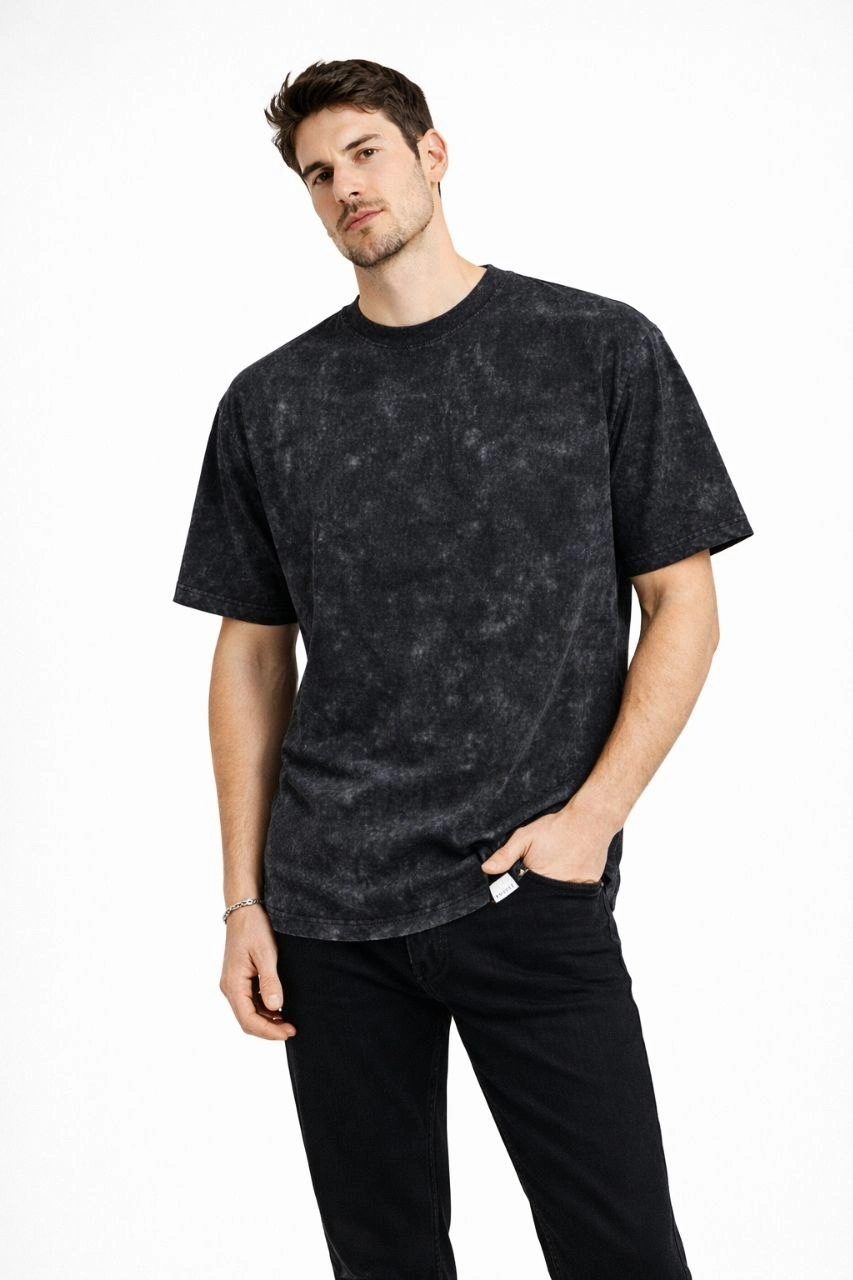 ASSEMA Erkek Asit Yıkama Bisiklet Yaka Kısa Kollu Oversize T-Shirt Tişört - Siyah