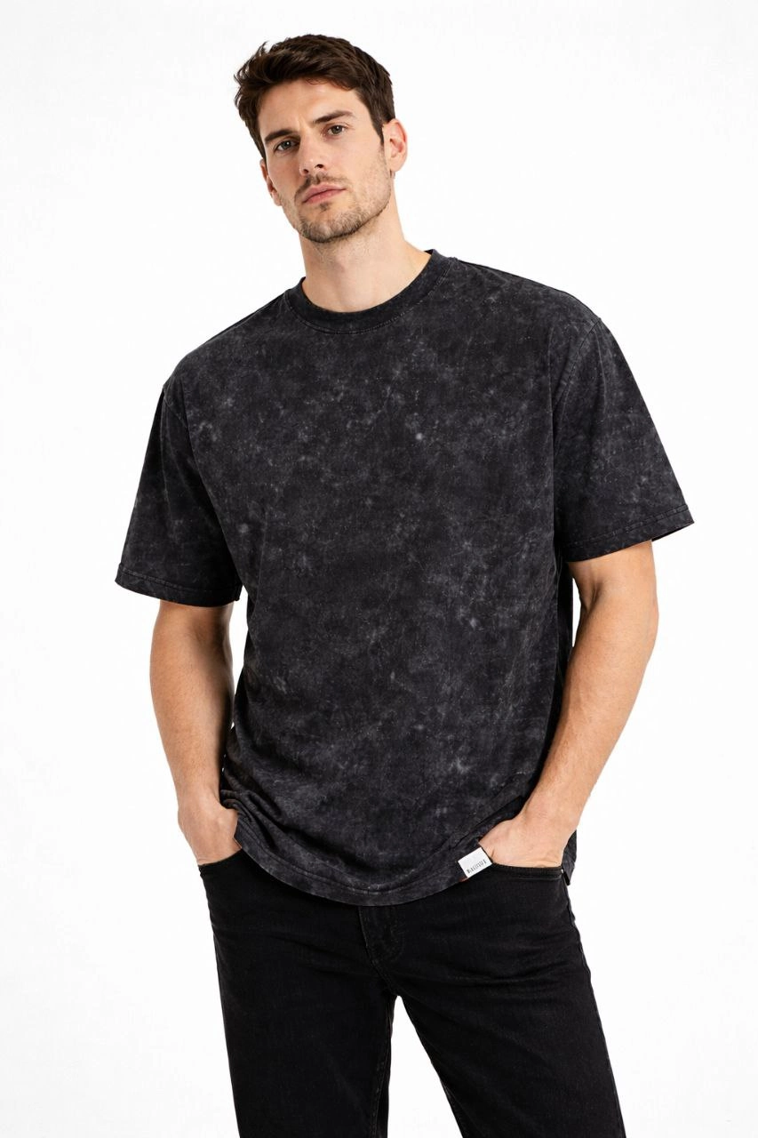 ASSEMA Erkek Asit Yıkama Bisiklet Yaka Kısa Kollu Oversize T-Shirt Tişört - Siyah