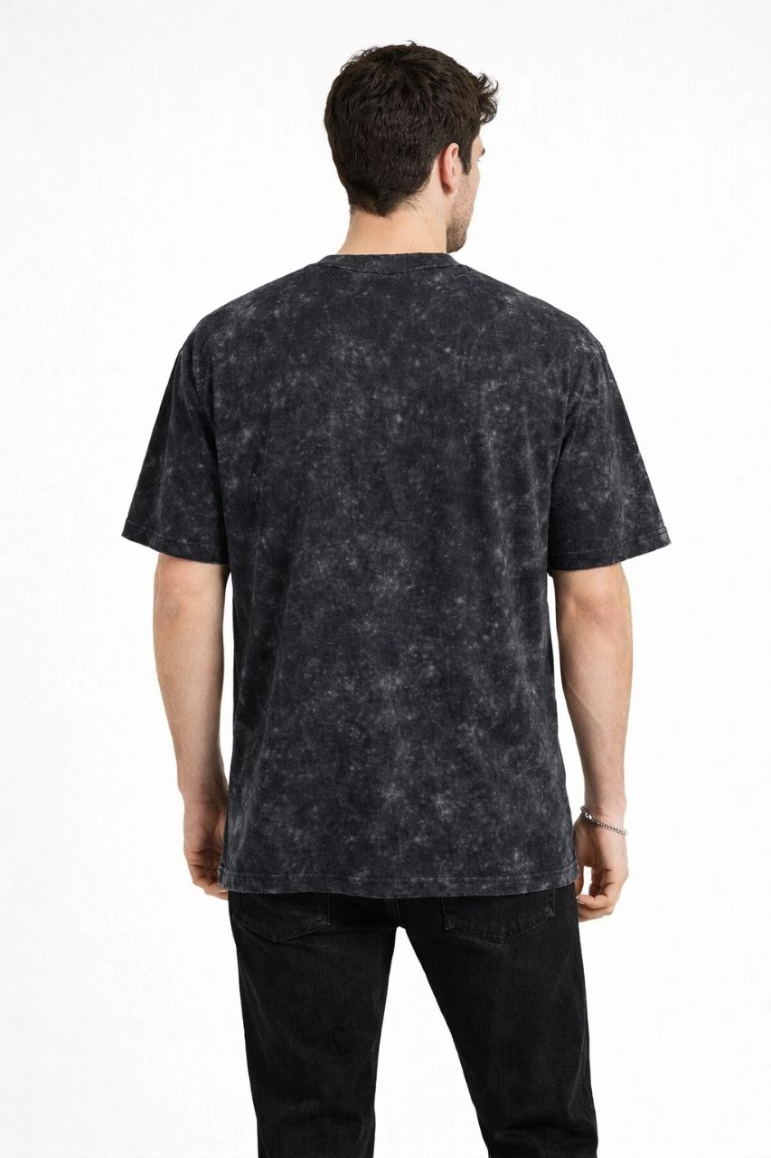 ASSEMA Erkek Asit Yıkama Bisiklet Yaka Kısa Kollu Oversize T-Shirt Tişört - Siyah