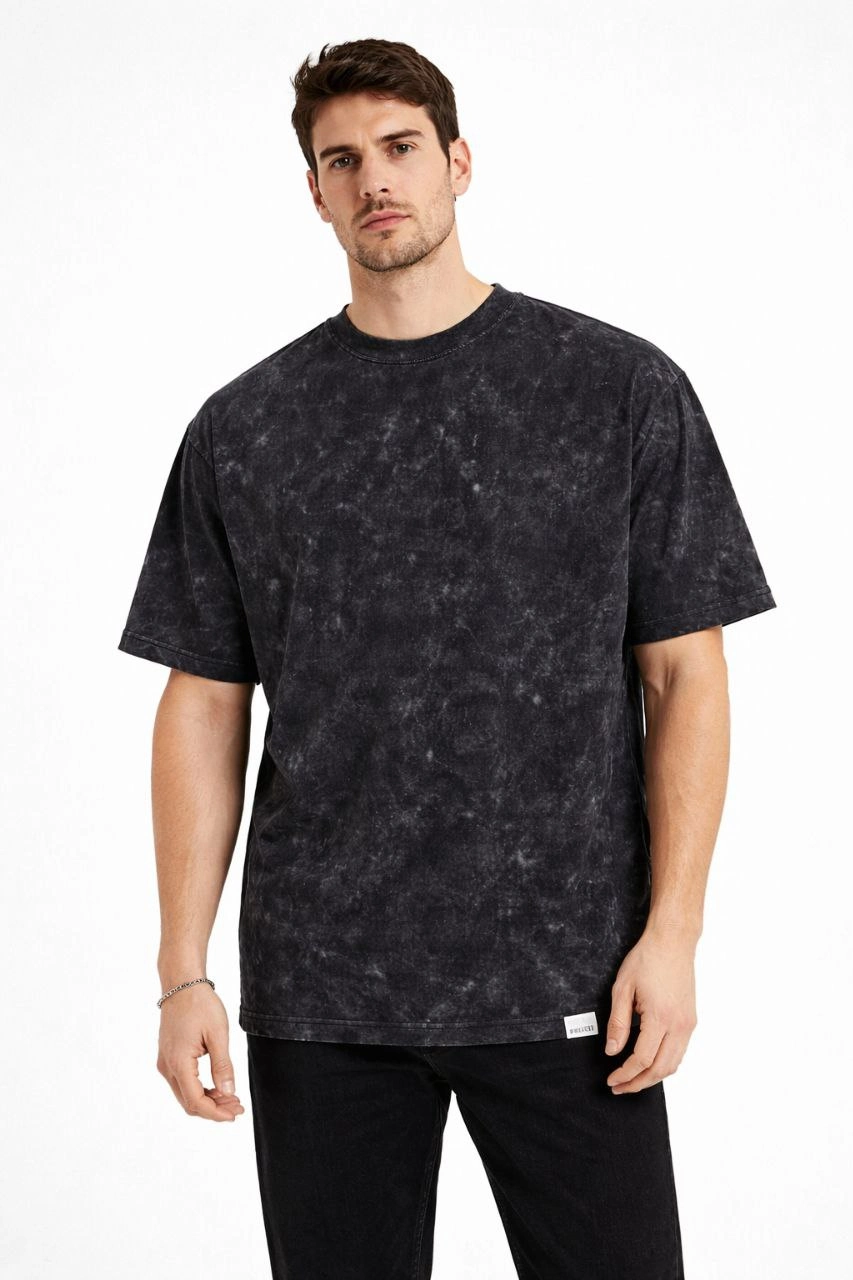 ASSEMA Erkek Asit Yıkama Bisiklet Yaka Kısa Kollu Oversize T-Shirt Tişört - Siyah