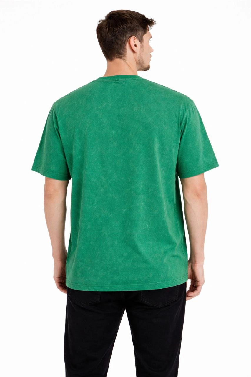 ASSEMA Erkek Asit Yıkama Bisiklet Yaka Kısa Kollu Oversize T-Shirt Tişört - Yeşil