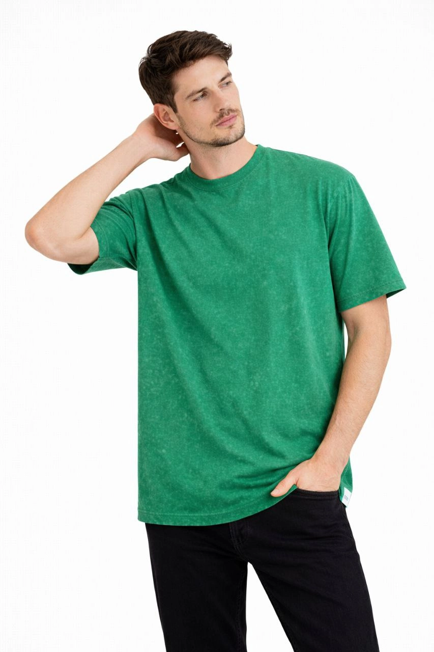 ASSEMA Erkek Asit Yıkama Bisiklet Yaka Kısa Kollu Oversize T-Shirt Tişört - Yeşil