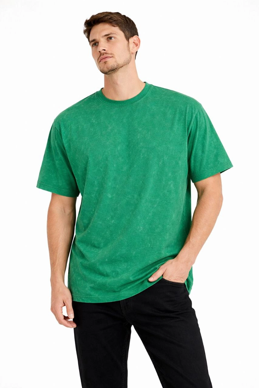ASSEMA Erkek Asit Yıkama Bisiklet Yaka Kısa Kollu Oversize T-Shirt Tişört - Yeşil