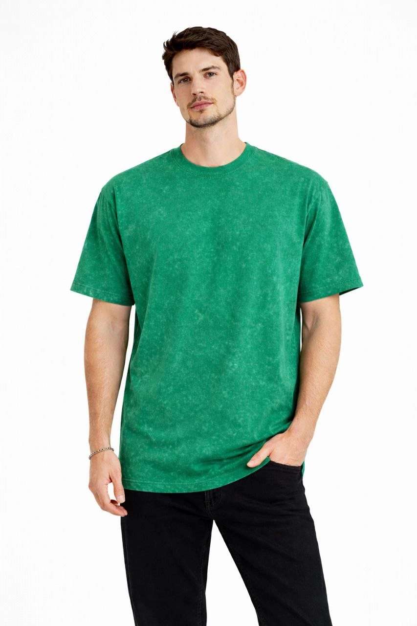 ASSEMA Erkek Asit Yıkama Bisiklet Yaka Kısa Kollu Oversize T-Shirt Tişört - Yeşil
