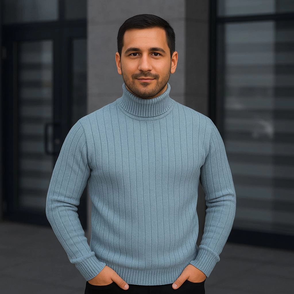 ASSEMA Erkek Balıkcı Yaka Bağazlı Triko Kazak Pamuklu Kalın Fitilli Dokuma, Regular Fit Uzun Kollu Kışlık Model - Bebe Mavisi