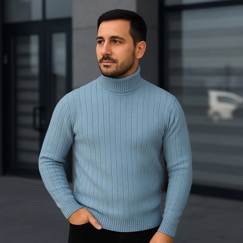 ASSEMA Erkek Balıkcı Yaka Bağazlı Triko Kazak Pamuklu Kalın Fitilli Dokuma, Regular Fit Uzun Kollu Kışlık Model - Bebe Mavisi